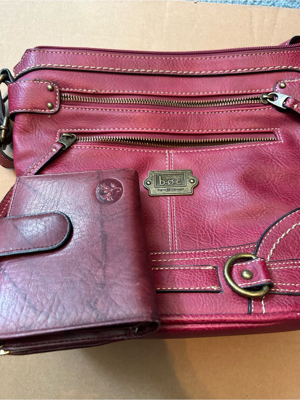 b.o.c. Raspberry Leather Shoulder Crossbody Bag with Matching Wallet